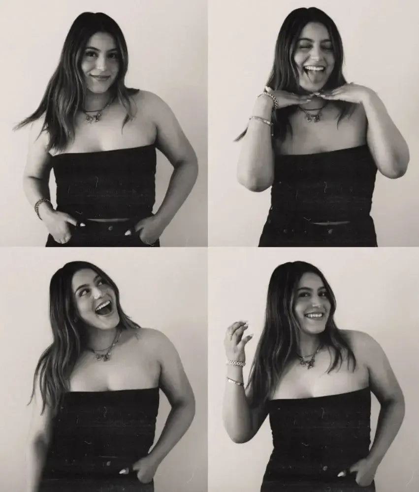 Black and white grid of a young woman in a strapless top, posing with various playful expressions.