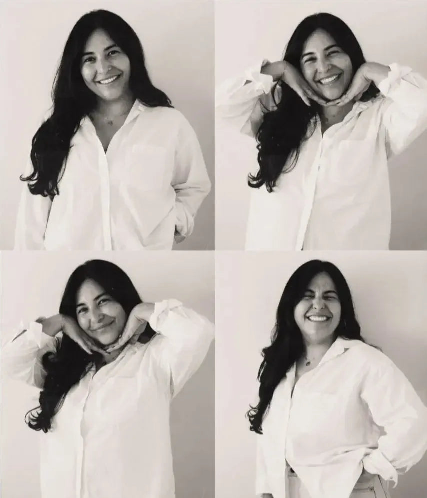 Black and white collage of a smiling woman in a white shirt, posing with hands near her face.
