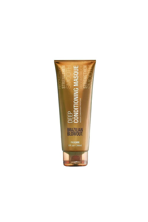 Brazilian Blowout Deep Conditioning Masque, 8 fl. oz gold tube with a clear amber flip cap.