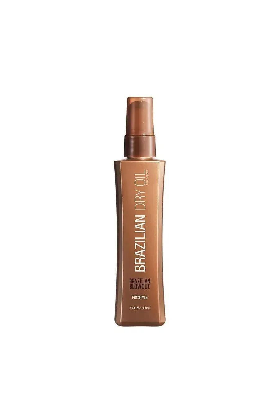 Brazilian Blowout Dry Oil in a 3.4oz/100ml brown spray bottle with a sleek, modern design.