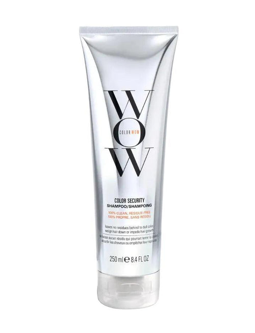 Silver Color Wow Color Security Shampoo tube, 250ml, with black logo and text.