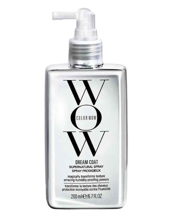 Color Wow Dreamcoat Supernatural Spray in a clear rectangular bottle with a white pump nozzle.