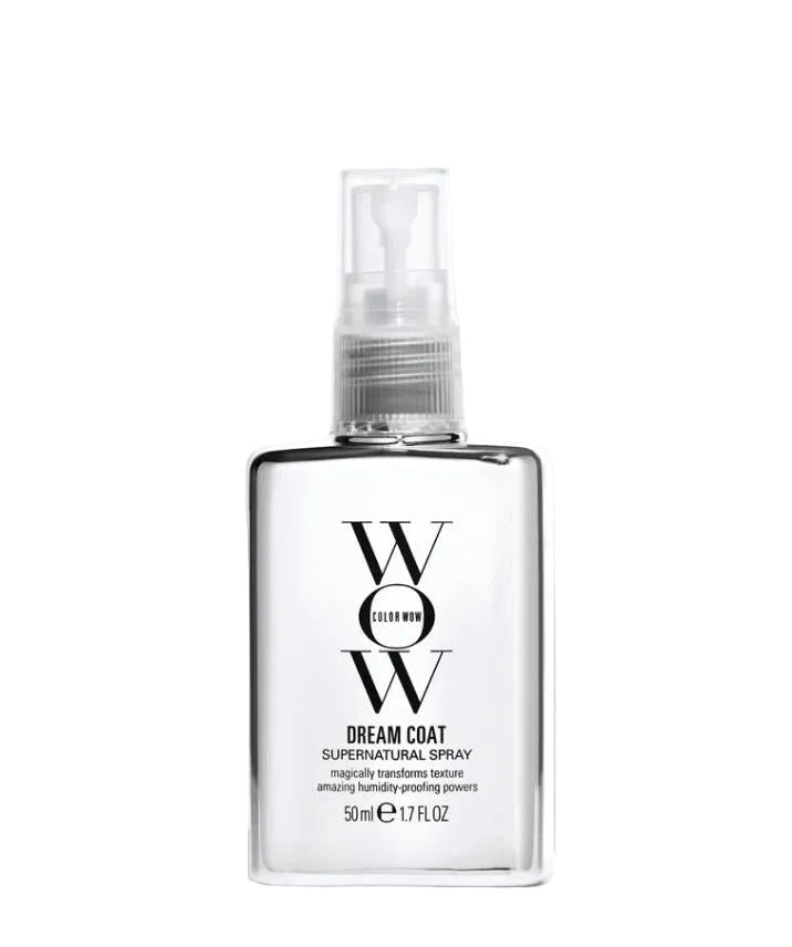 Color Wow Dreamcoat Supernatural Spray, travel size 50ml, clear rectangular bottle with white label and black text.