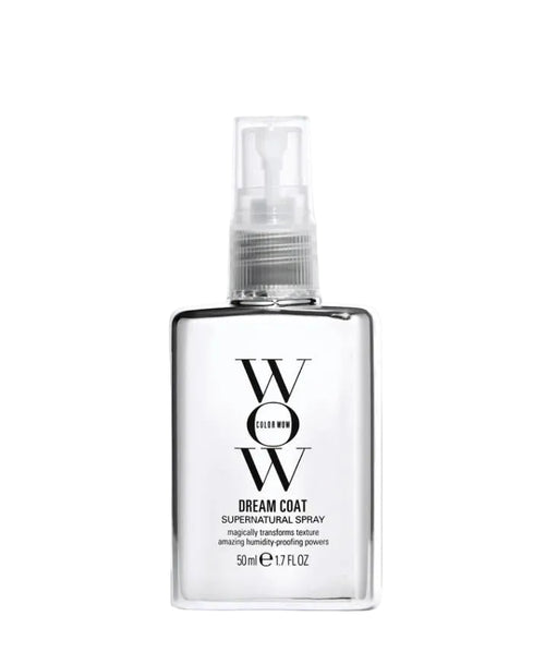 Color Wow Dreamcoat Supernatural Spray, travel size 50ml, clear rectangular bottle with white label and black text.