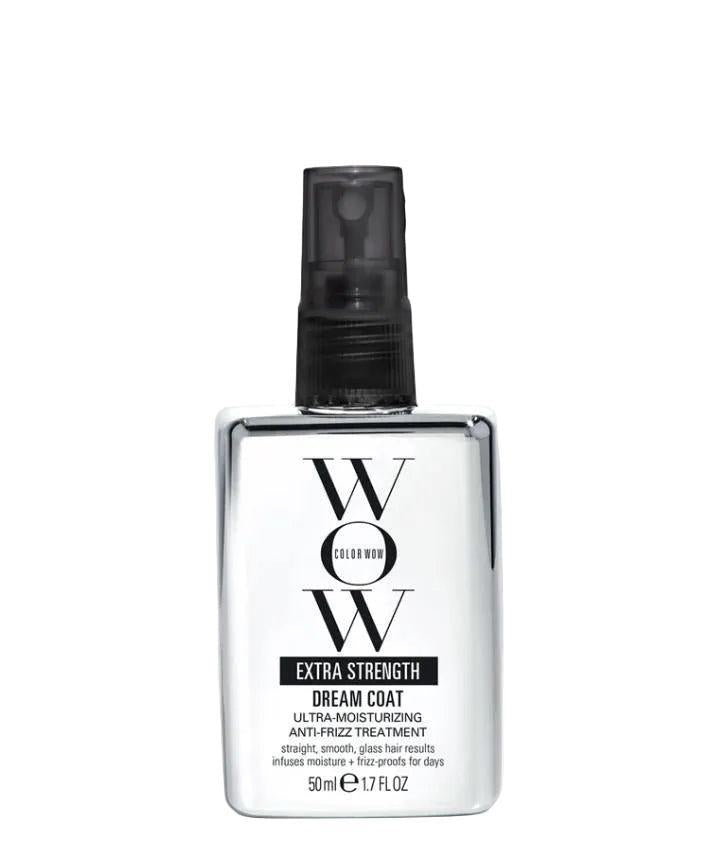 Color Wow Extra Strength Dream Coat travel-size bottle, white with black text and a dark spray top.