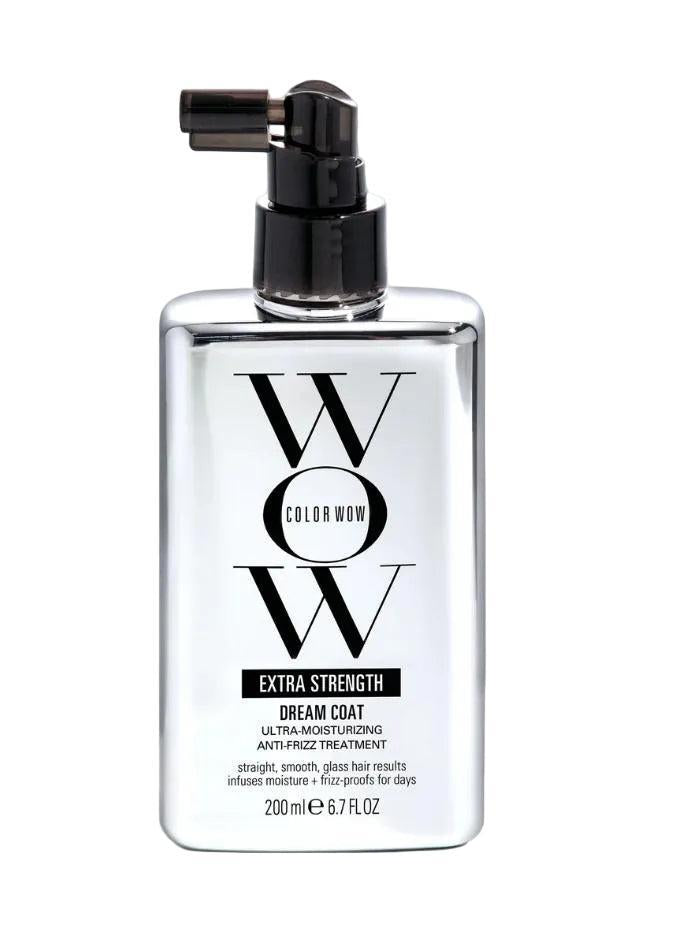 Color Wow Extra Strength Dreamcoat Spray, clear rectangular bottle with black pump and label.