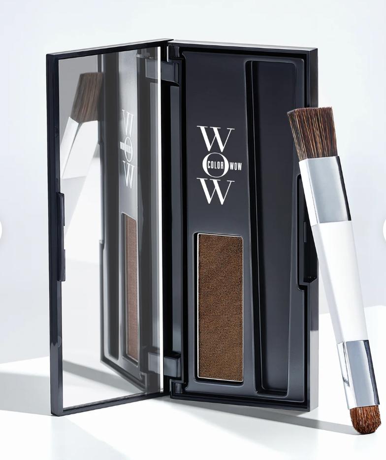 Color Wow Root Cover Up in medium brown, open compact with mirror and double-ended brush.