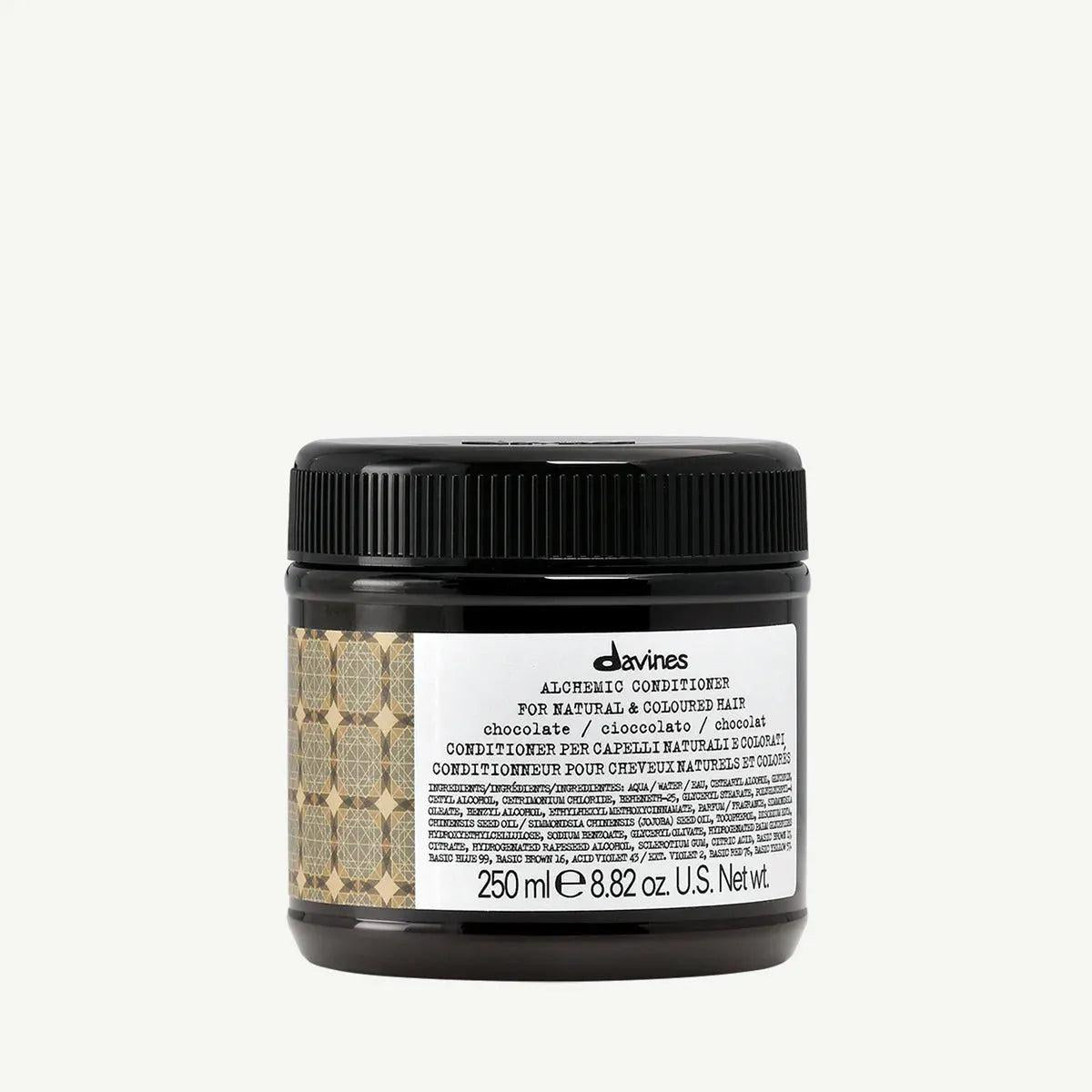 Davines Alchemic Conditioner Chocolate, dark brown jar with black ribbed lid and patterned label.