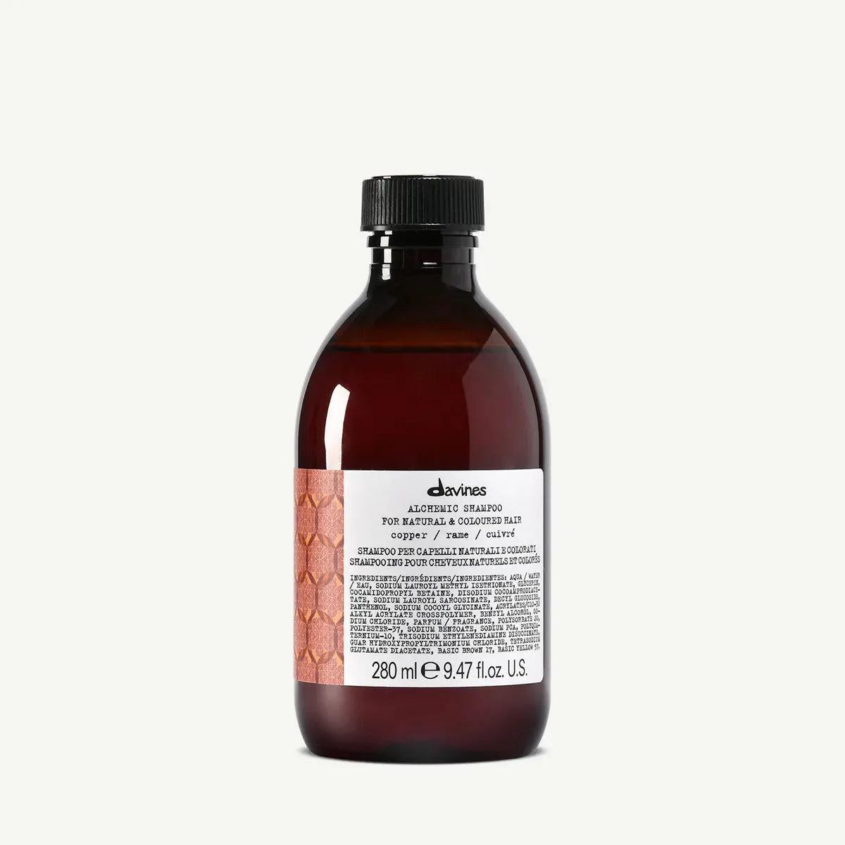 Davines Alchemic Copper Shampoo, 280ml, in a dark amber bottle with a white label and copper design.