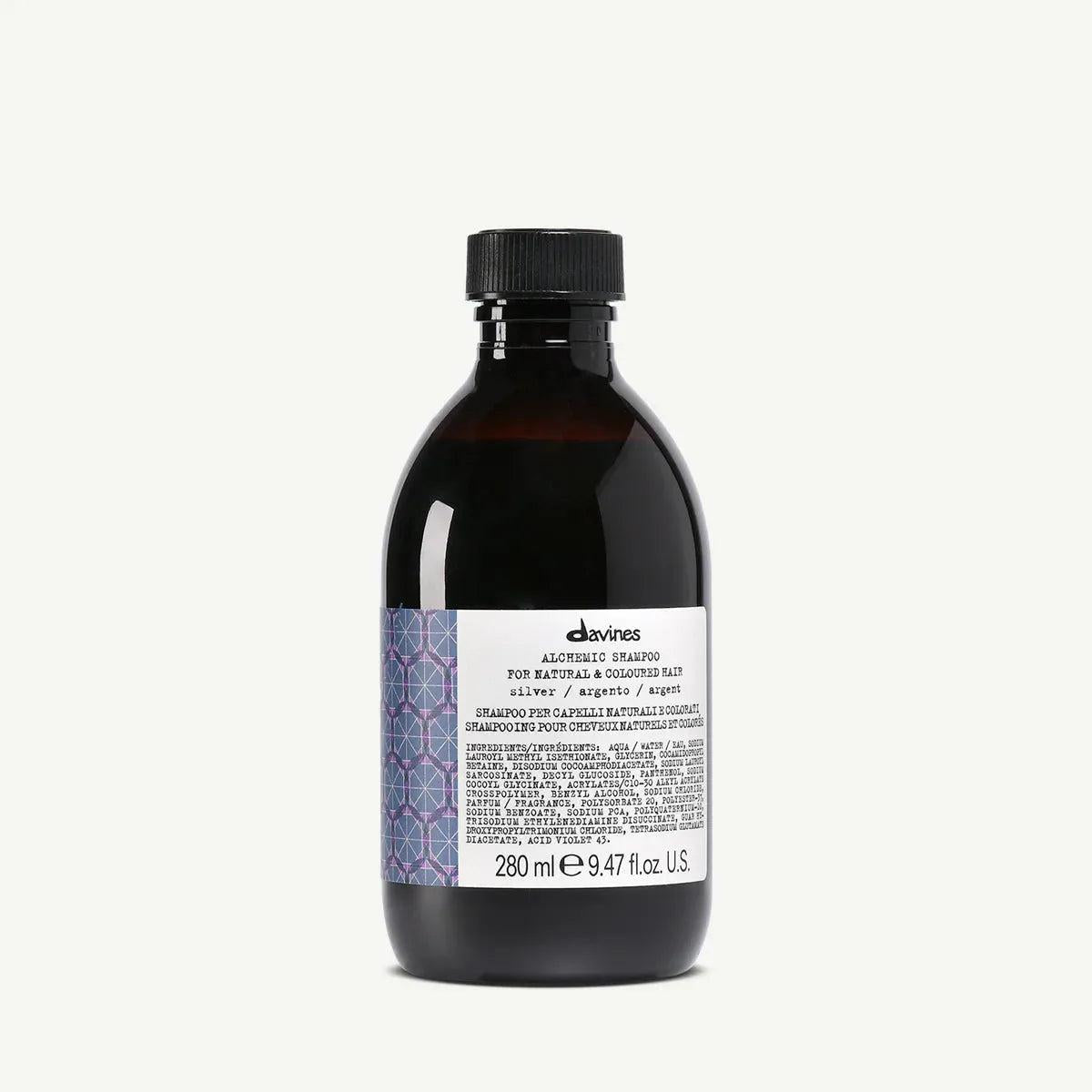 Davines Alchemic Silver Shampoo, a dark brown bottle with a black cap and purple geometric label, 280ml.