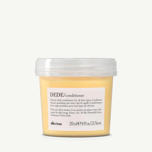 Davines DEDE Delicate Conditioner in a 250ml clear plastic tub with a light yellow label.