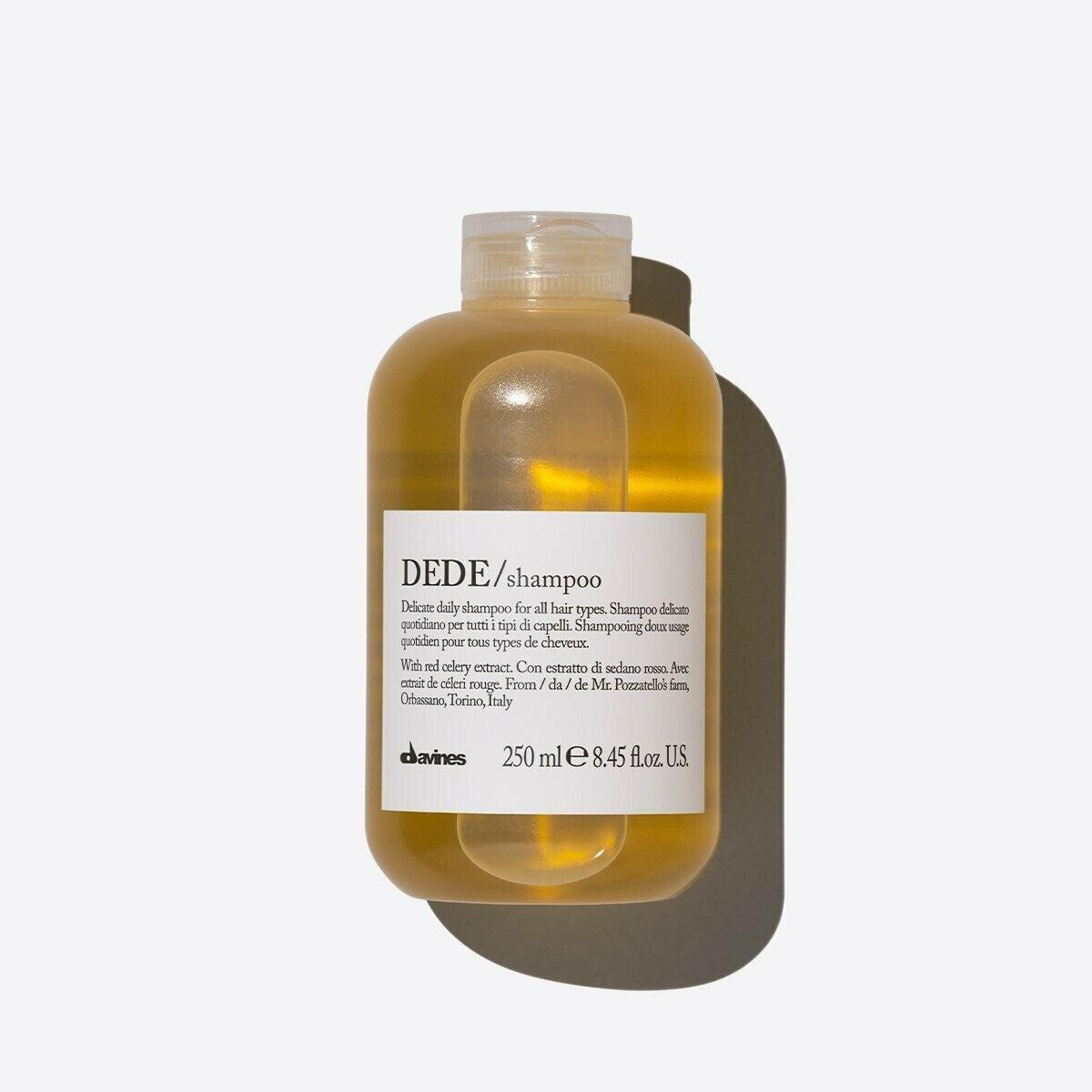 Davines DEDE Delicate Shampoo, 250ml, in a clear amber bottle with a white label and clear cap.