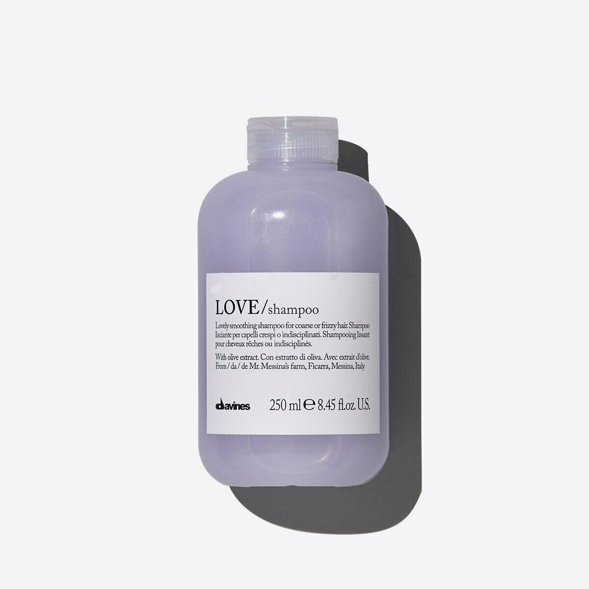 Davines LOVE Smooth Shampoo in a 250ml light lavender bottle with a white label.