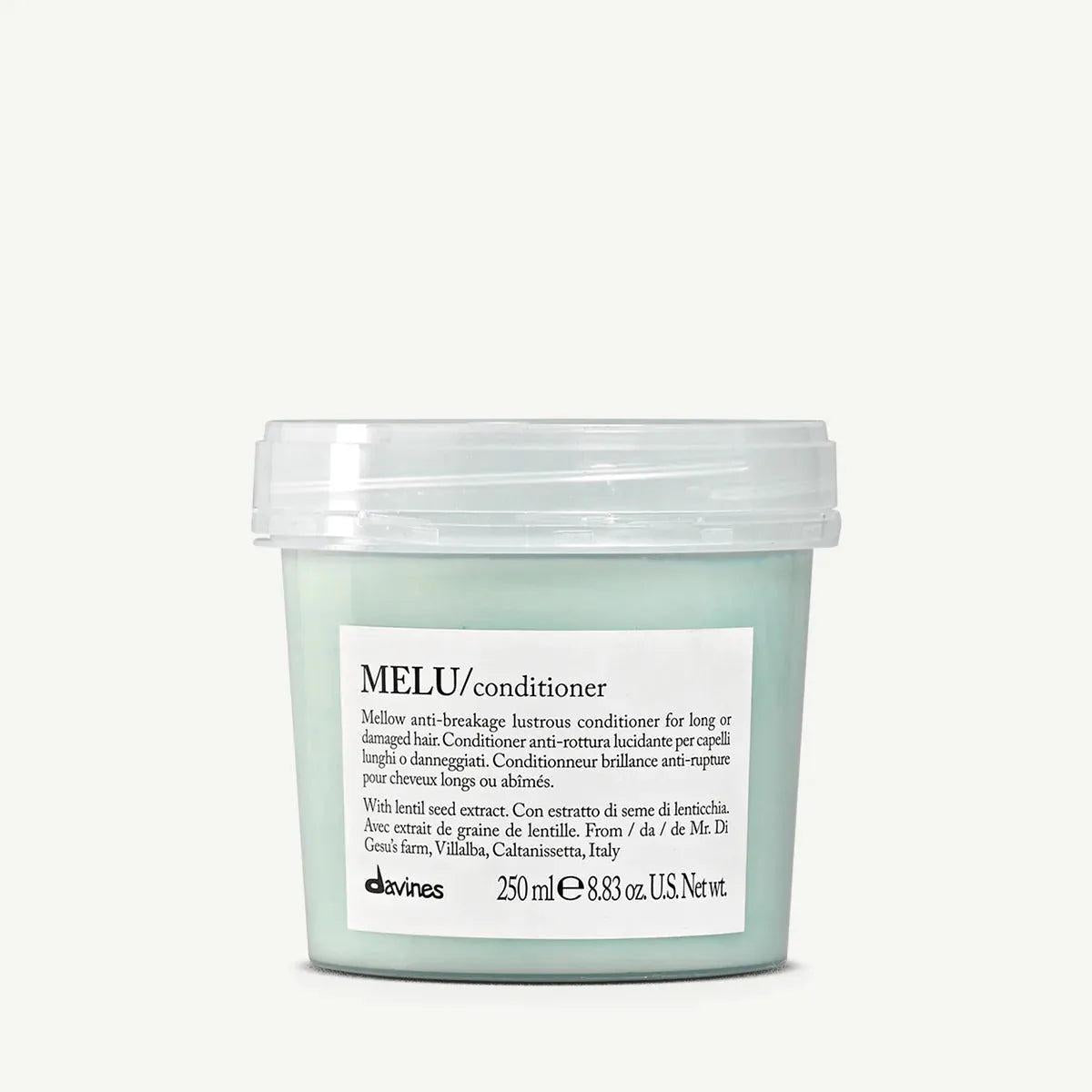 Davines MELU Conditioner in a light green 250ml tub with a clear lid.