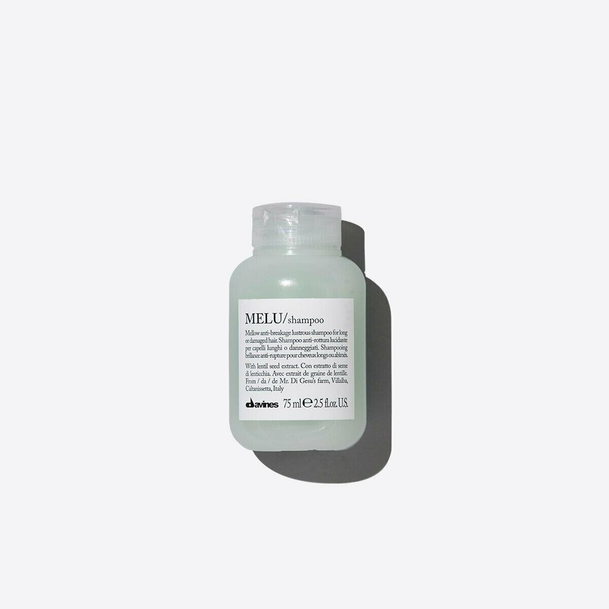 Small, light green Davines MELU shampoo bottle, 75ml, with white label and clear flip-top cap.