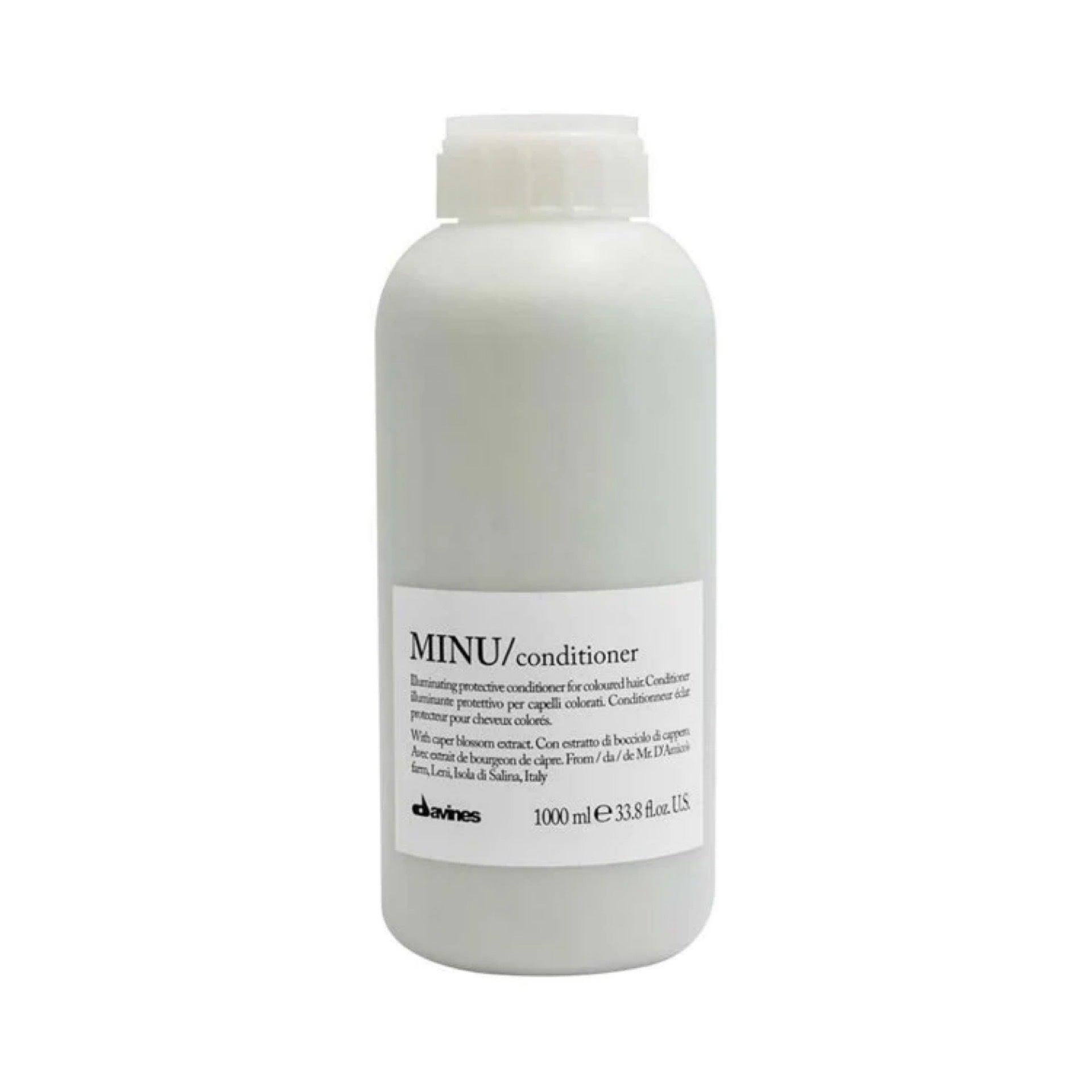Davines MINU Conditioner, 1000ml white bottle with black text for colored hair.