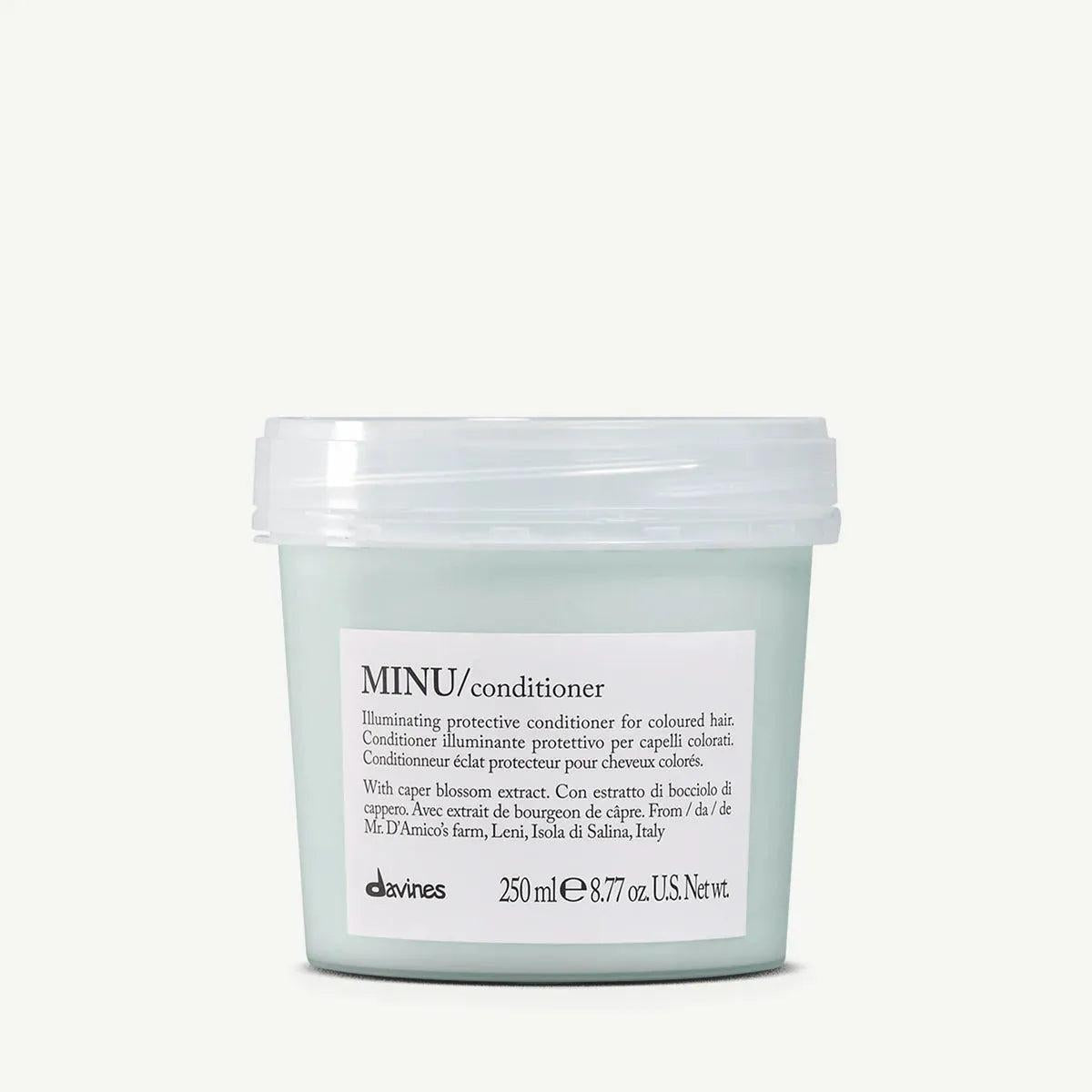 Davines MINU Conditioner, a light green 250ml tub with a clear lid for colored hair.
