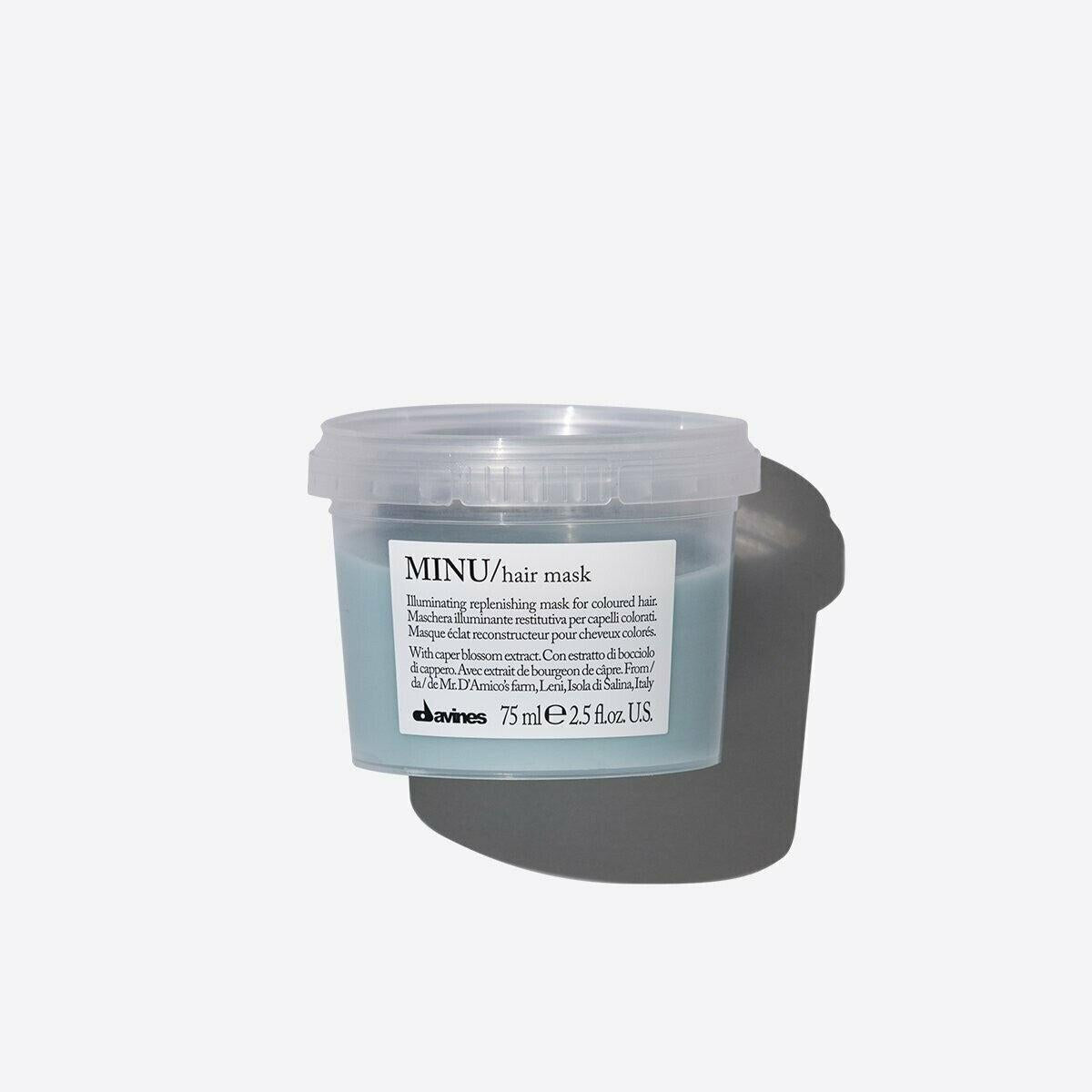 Davines MINU Hair Mask, a 75ml clear plastic tub with light blue mask and white label.