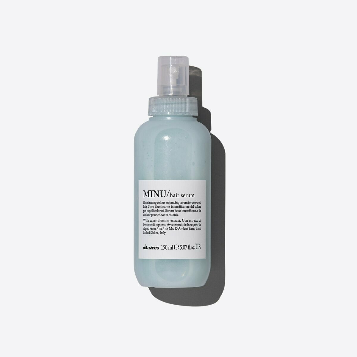 Davines MINU Hair Serum, a light blue 150ml spray bottle for colored hair.