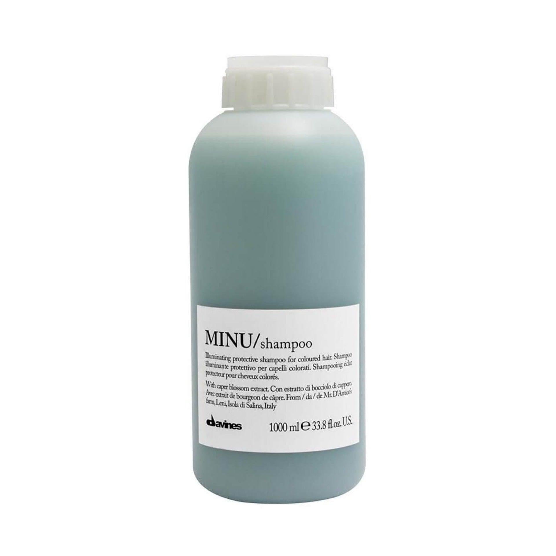 Davines MINU Shampoo 1000ml bottle with light blue liquid and white cap, featuring a minimalist label.