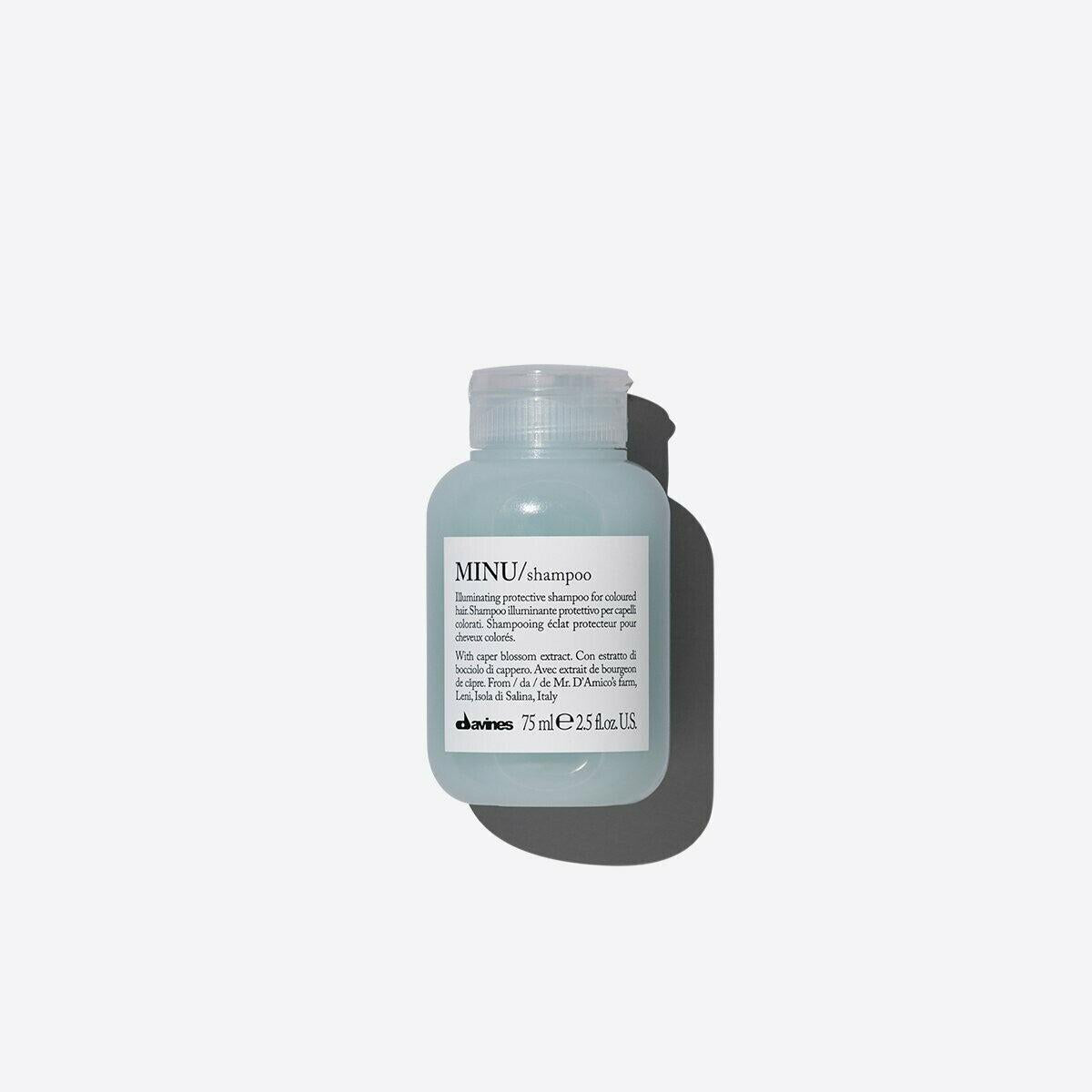 Davines MINU Shampoo, 75ml light blue bottle with white label and clear cap.
