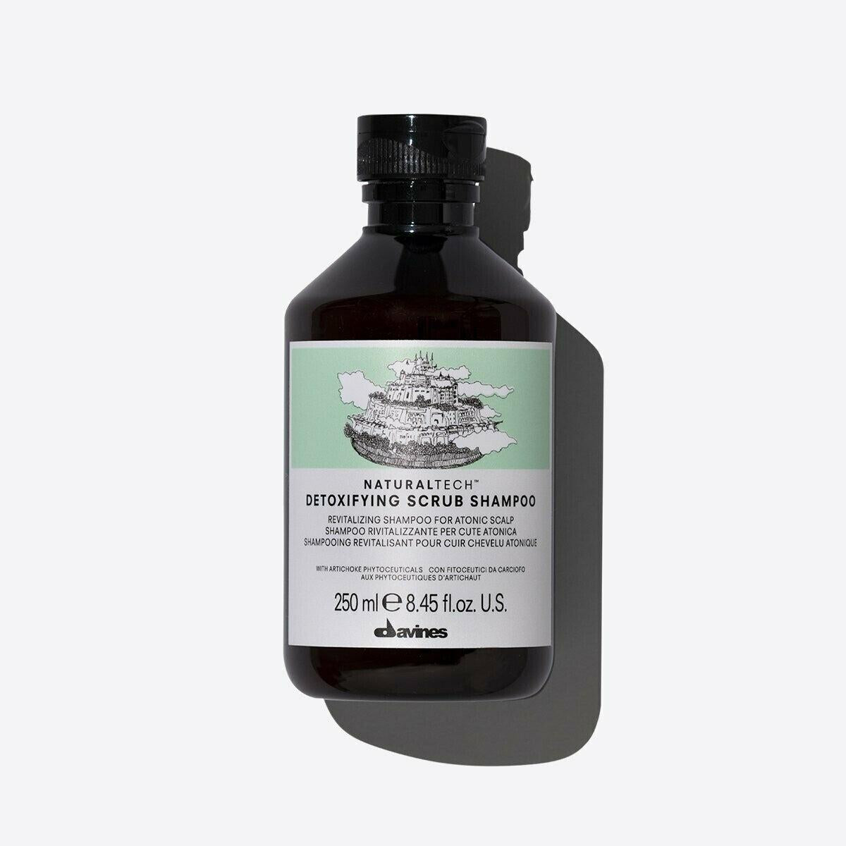 Davines NaturalTech Detoxifying Scrub Shampoo, 250ml dark bottle with light green and white label.