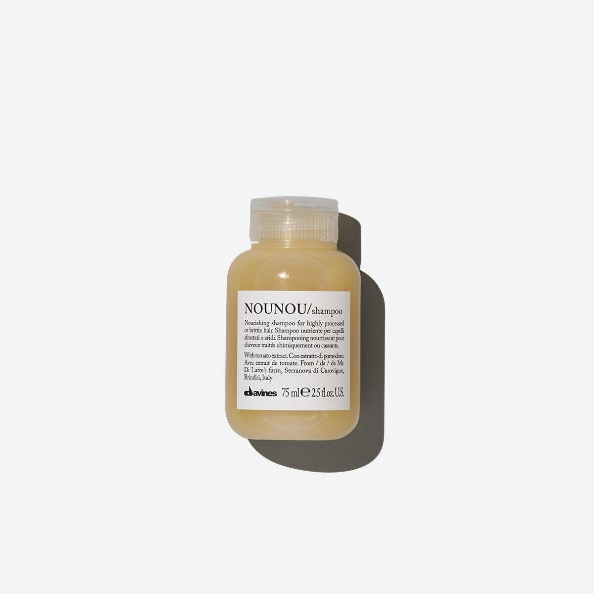 Davines NOU NOU Shampoo, 75ml travel-size bottle with a light yellow liquid and clear cap.