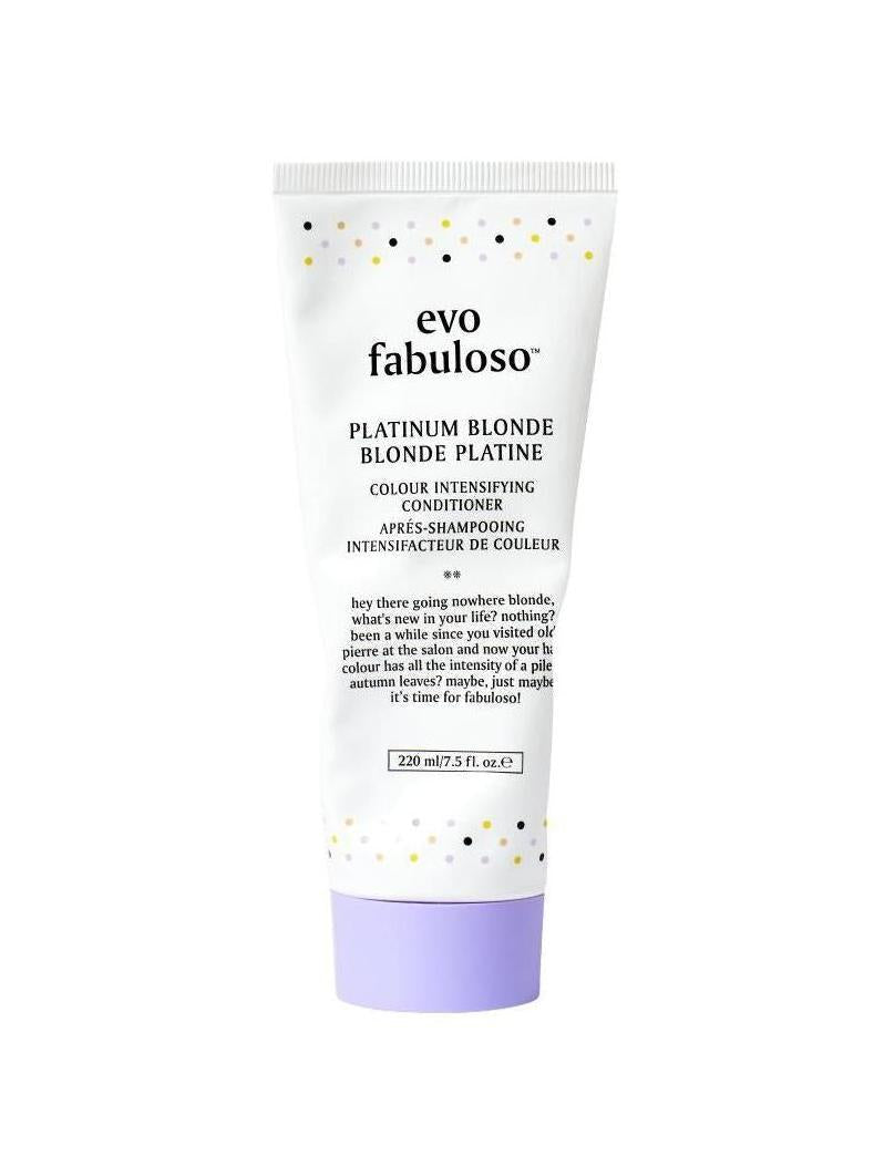 White Evo Fabuloso Platinum Blonde conditioner tube with a purple cap and colorful polka dots.