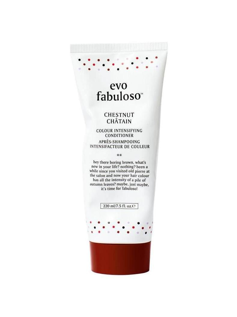 White tube of Evo Fabuloso Chestnut Colour Intensifying Conditioner, 220ml, with a dark brown cap and colorful dots.