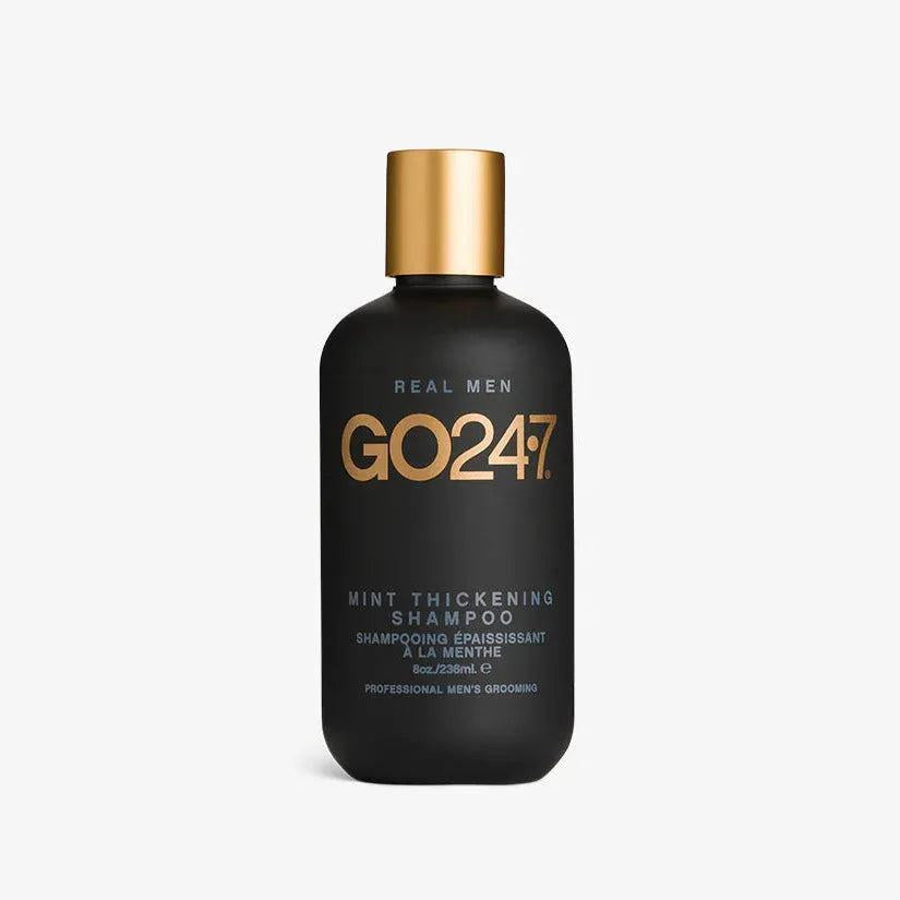 GO24•7 Mint Thickening Shampoo in an 8oz black bottle with a gold cap and lettering.