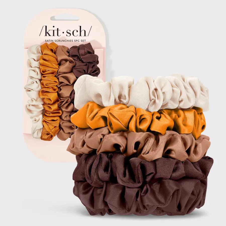 Kitsch 5pc satin scrunchie set in cream, orange, light brown, and dark brown.