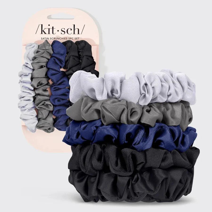 Kitsch 5pc satin scrunchies in light grey, dark grey, navy blue, and black.
