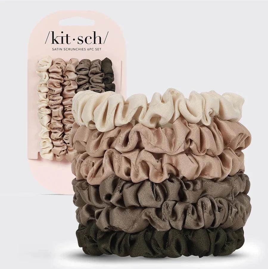 Kitsch satin scrunchies 5pc set in neutral shades: cream, beige, light brown, dark brown, and olive green.