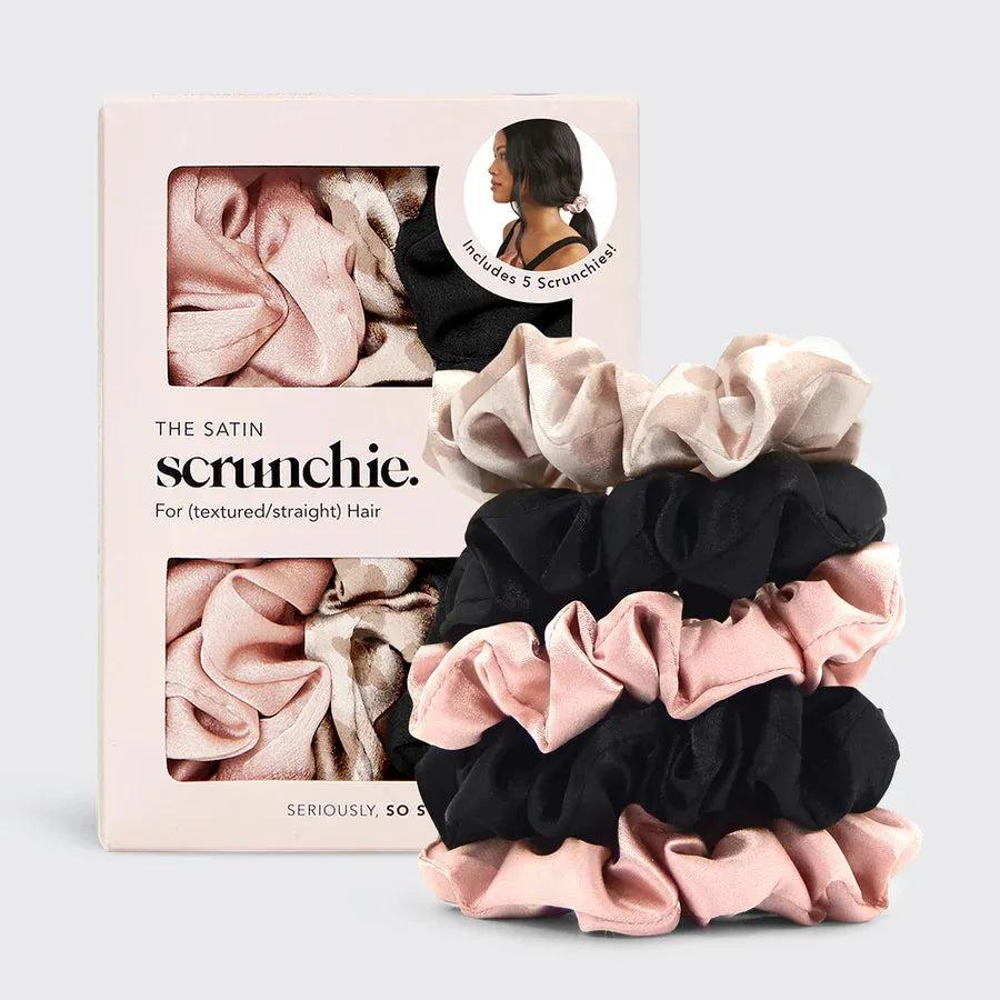 Kitsch 5-piece satin scrunchie set in blush pink, black, and champagne, with packaging.