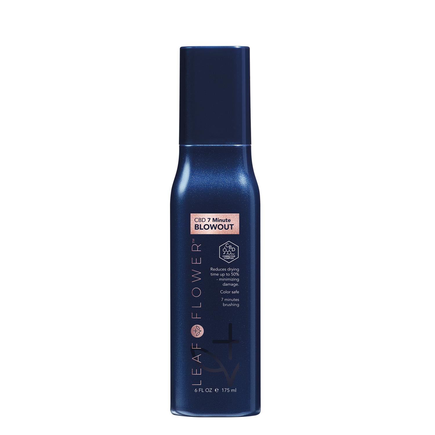 Dark blue Leaf and Flower CBD 7 Minute Blowout spray bottle, 6 fl oz, with pink and white text.