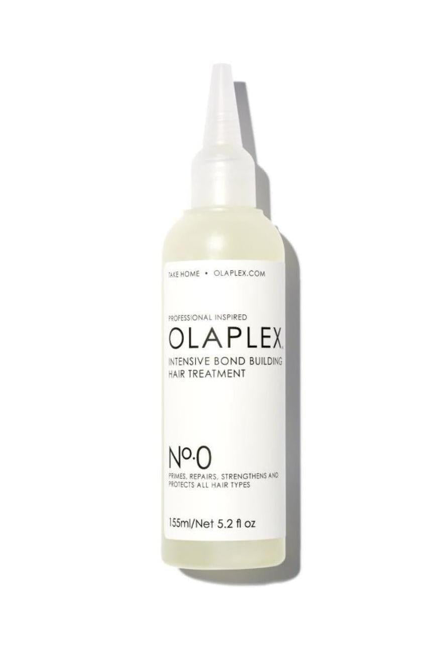 Olaplex No. 0 Intensive Bond Building Treatment, a clear 155ml bottle with a white label and pointed applicator.
