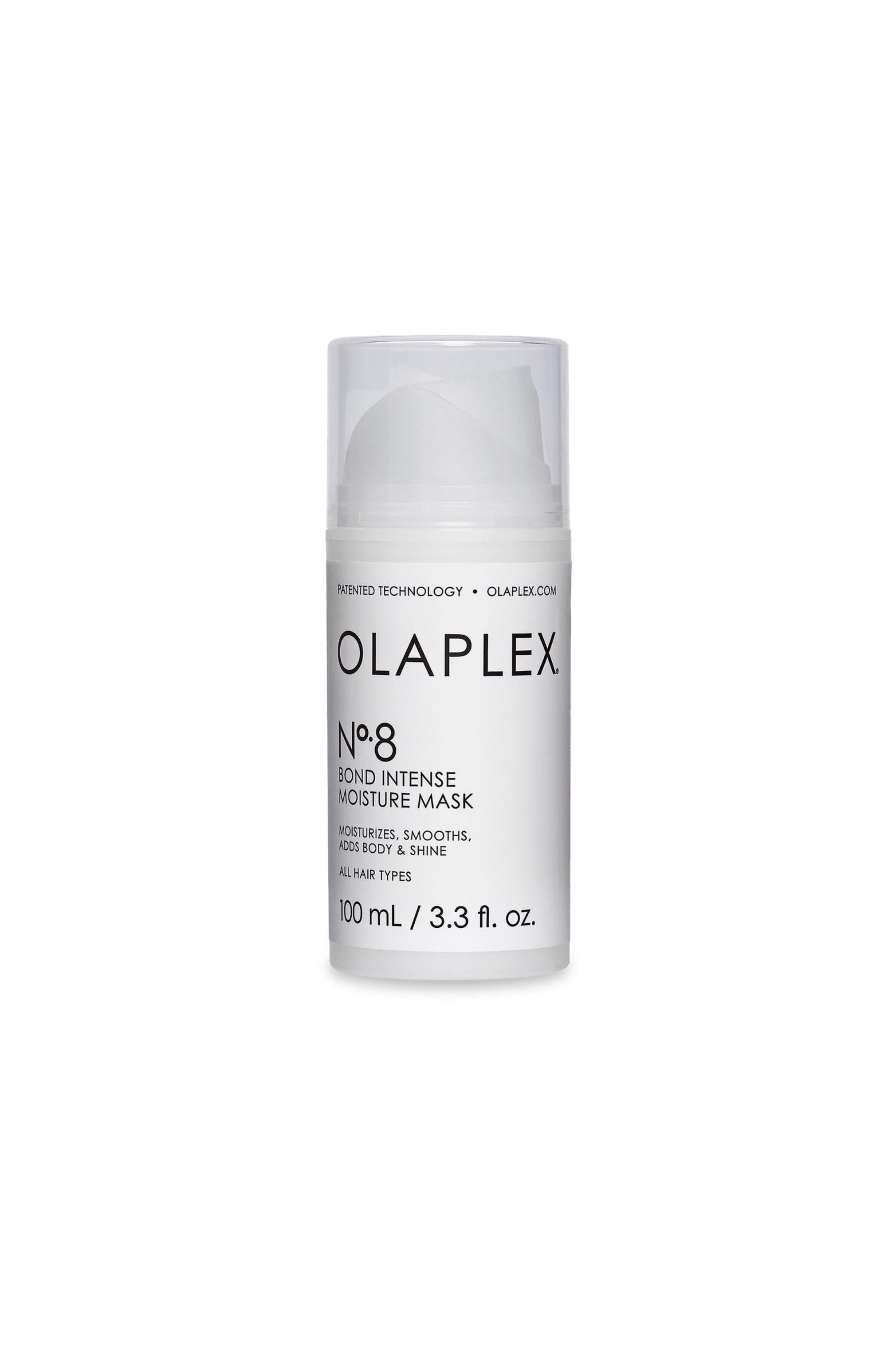 White Olaplex No. 8 Bond Intense Moisture Mask 100ml bottle with clear pump top.