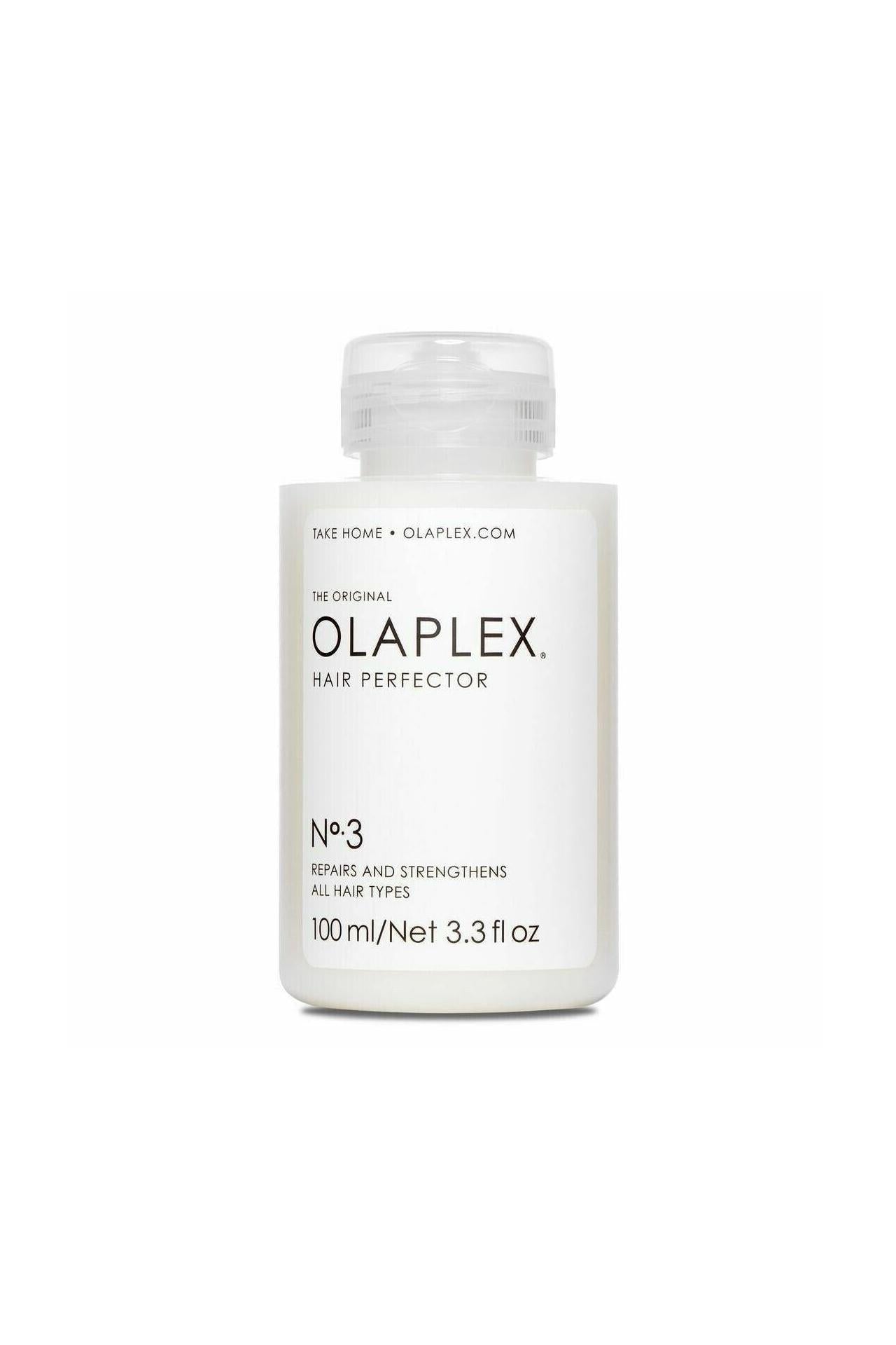White OLAPLEX No.3 Hair Perfector bottle, 100ml, with clear flip-top cap.