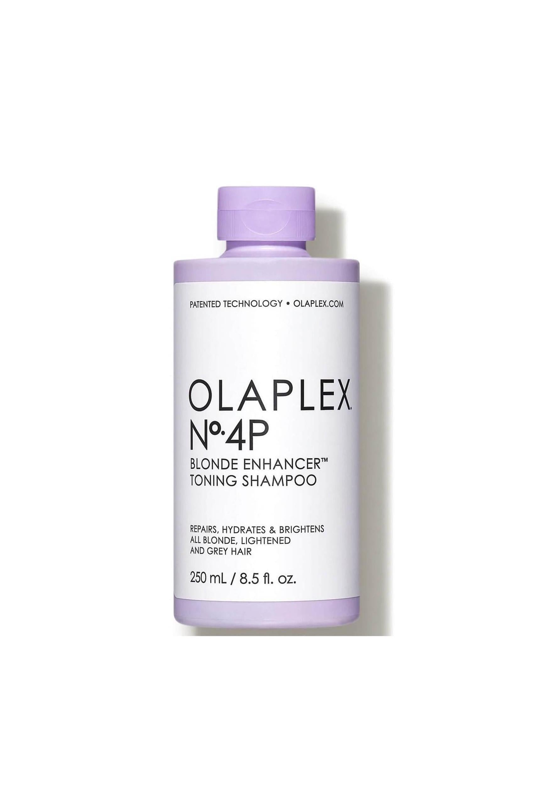 Olaplex N°.4P Blonde Enhancer Toning Shampoo in a light purple 250ml bottle with a matching cap.