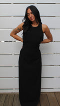 Rampage long black dress, size S, with a sleek open-back cutout.