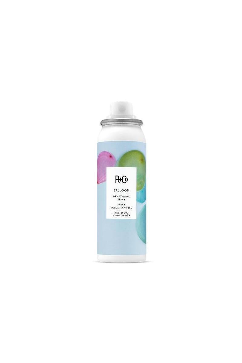 R+Co Balloon Dry Volume Spray MINI, a white 2oz aerosol can with colorful balloon graphics.