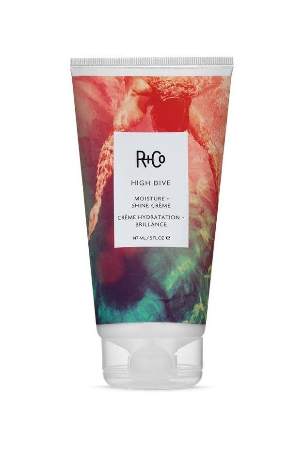 R+Co High Dive Moisture & Shine Creme in a 5 oz tube with a vibrant pink and teal abstract design.