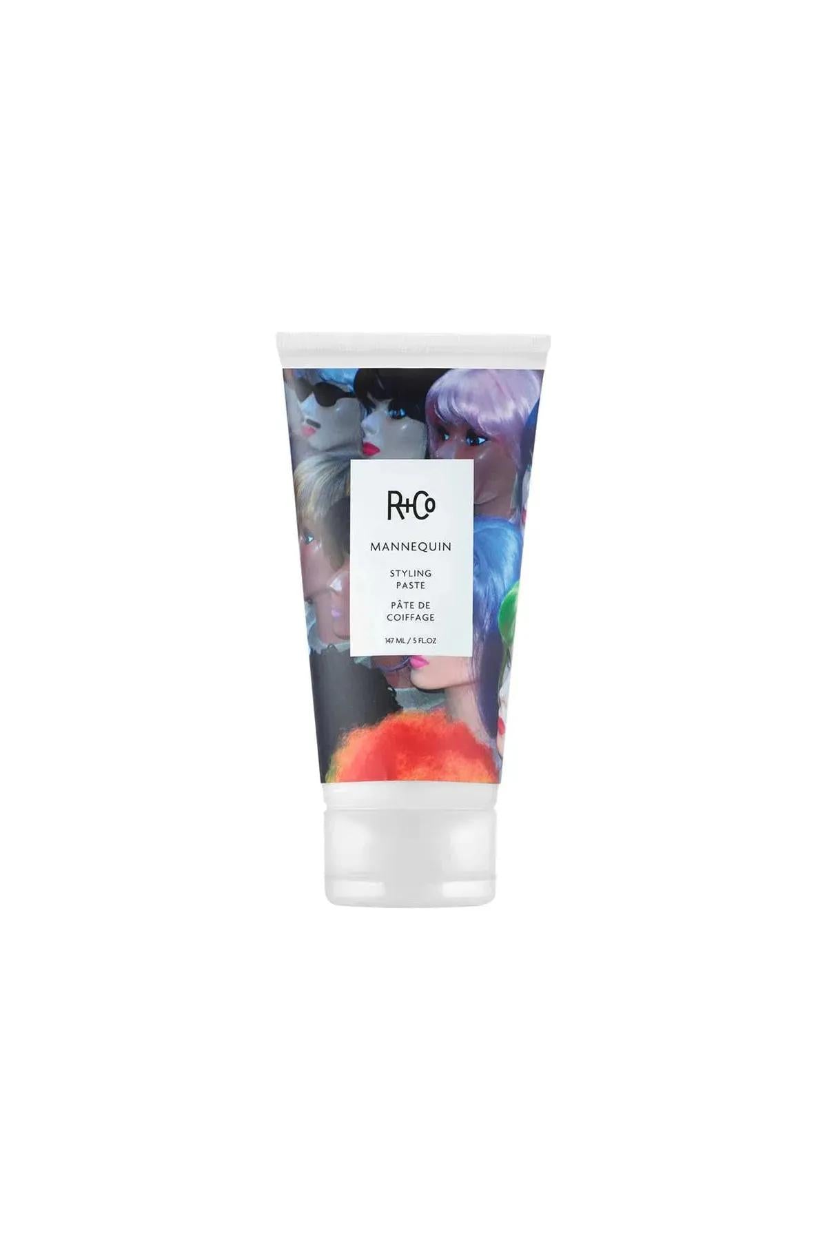 White R+Co Mannequin Styling Paste tube with colorful mannequin heads design, 147ml / 5 fl.oz.