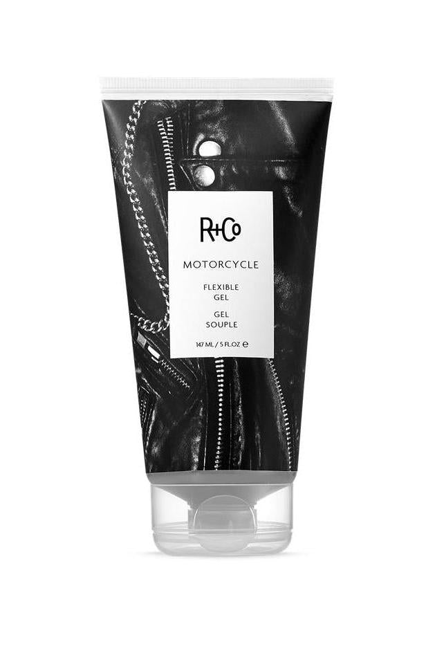 R+Co Motorcycle Flexible Gel 5fl.oz tube with black leather jacket design and white label.