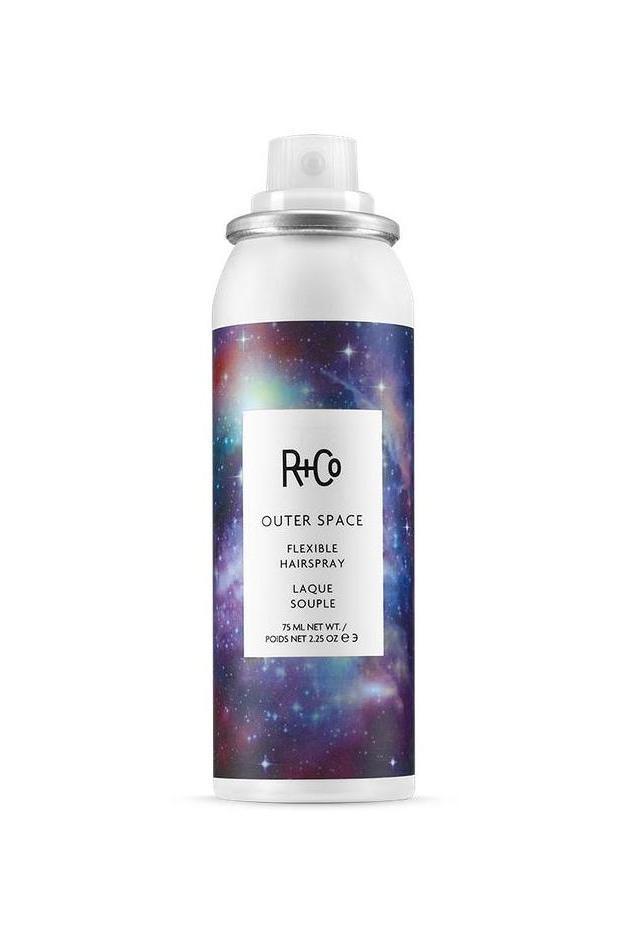 R+Co Outer Space Flexible Hairspray MINI, 2.25 oz, with a cosmic galaxy design and white label.