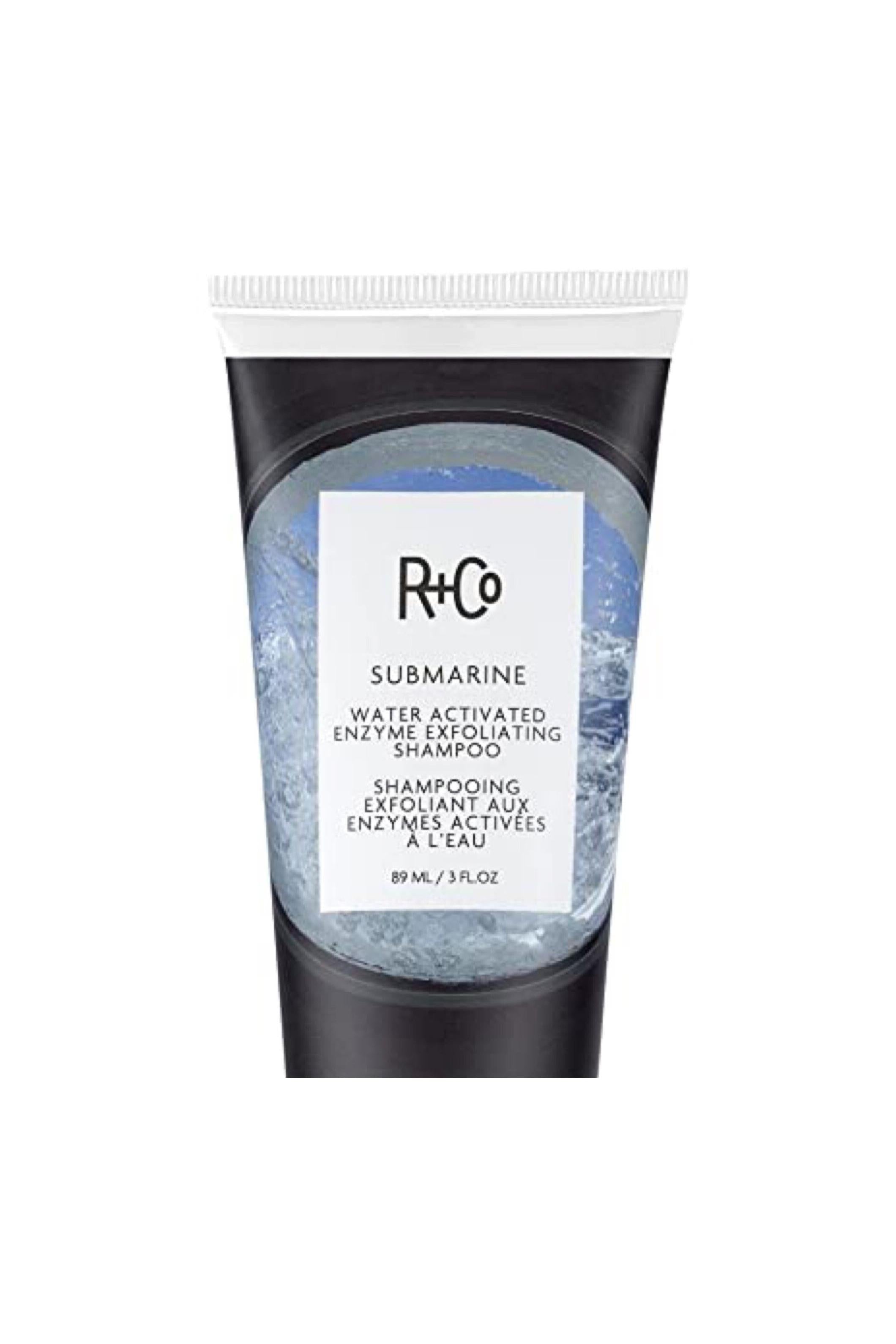 R+Co Submarine Water Activated Enzyme Exfoliating Shampoo, 89ml black tube with blue water design.