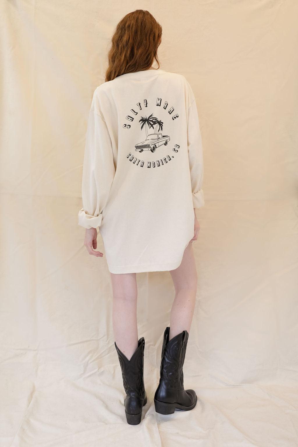 SalTee Long Sleeve in cream with "Salty Mode Santa Monica, CA" graphic featuring a car and palm trees on the back.