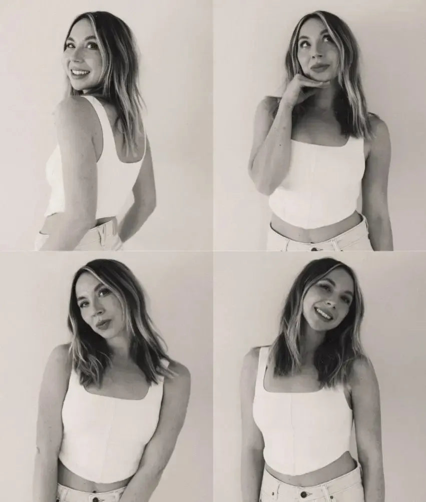 Allie Weir, a Salty Mane stylist, showcasing her radiant style in four dynamic poses.