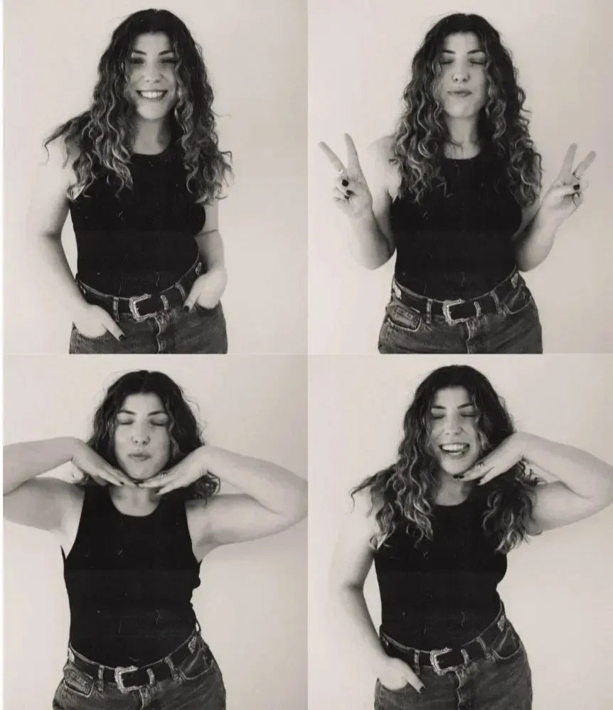 Jordan Scheinbaum, a Salty Mane stylist, showcases her vibrant personality and stunning curly hair in four playful black and white poses.