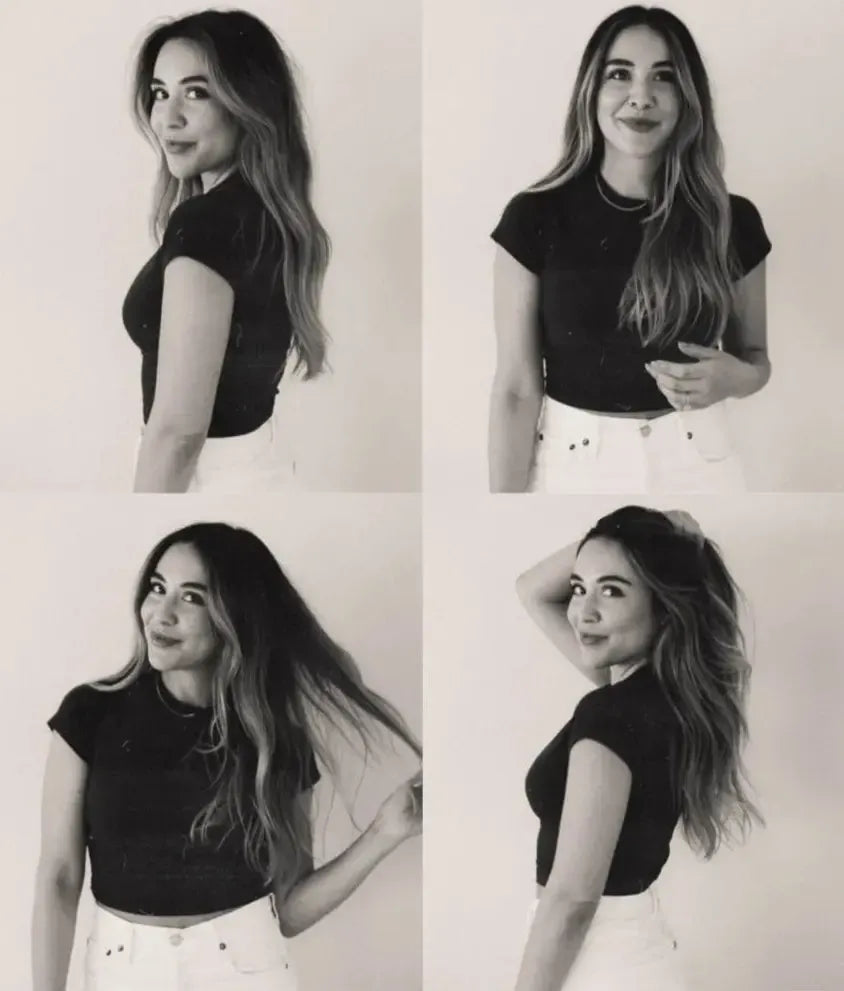 Larissa Benavidez showcases her stunning, long wavy hair in four black and white poses, perfect for a fresh look.